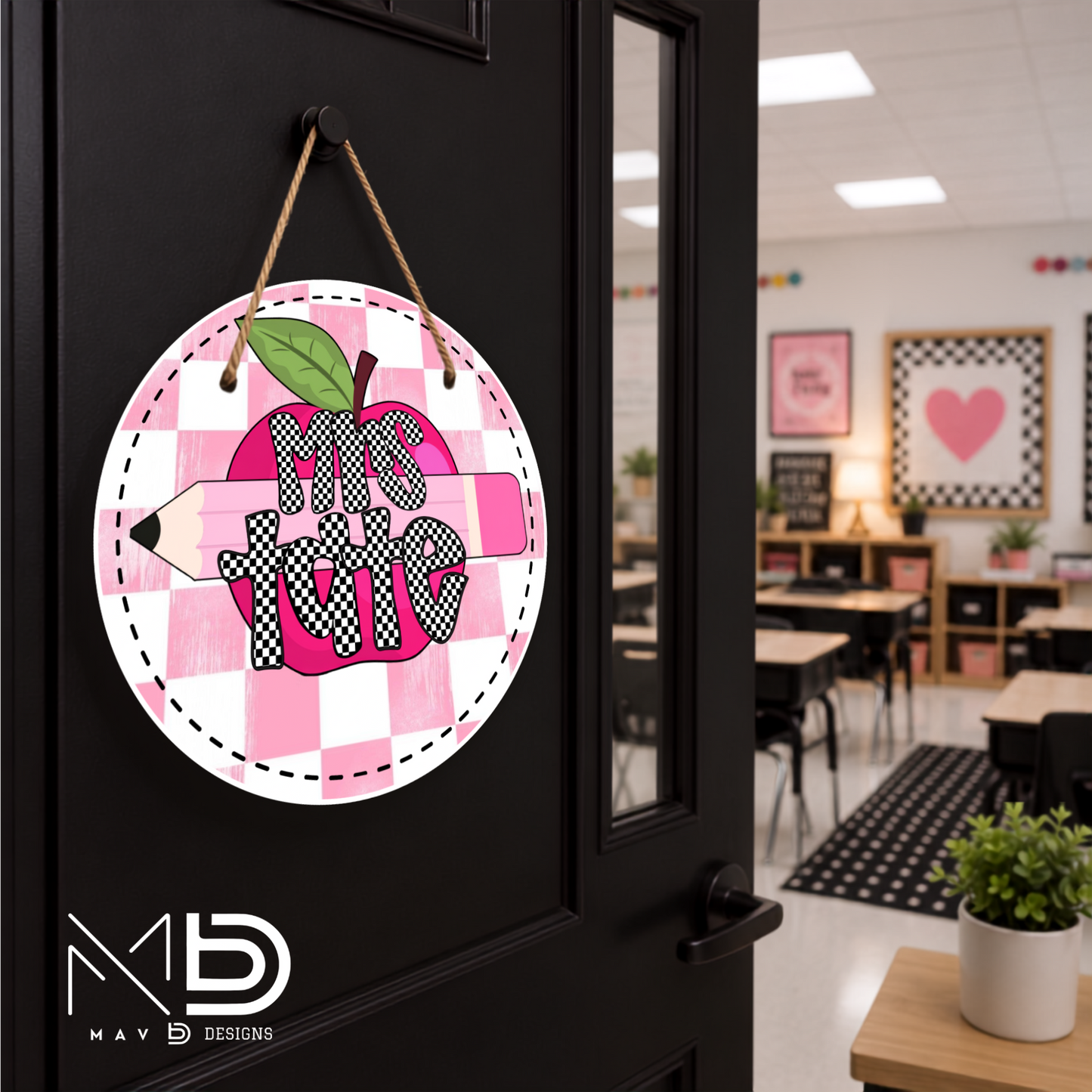 Pink Checkered Apple Pencil | Personalized Teacher Door Hanger | Custom Classroom Sign | 10” Metal Door Decor