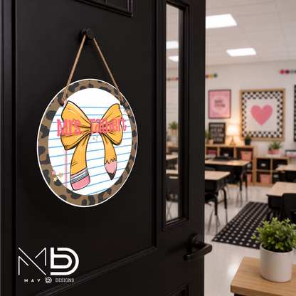Leopard Pencil Bow | Personalized Teacher Door Hanger | Custom Classroom Sign | 10” Metal Door Decor