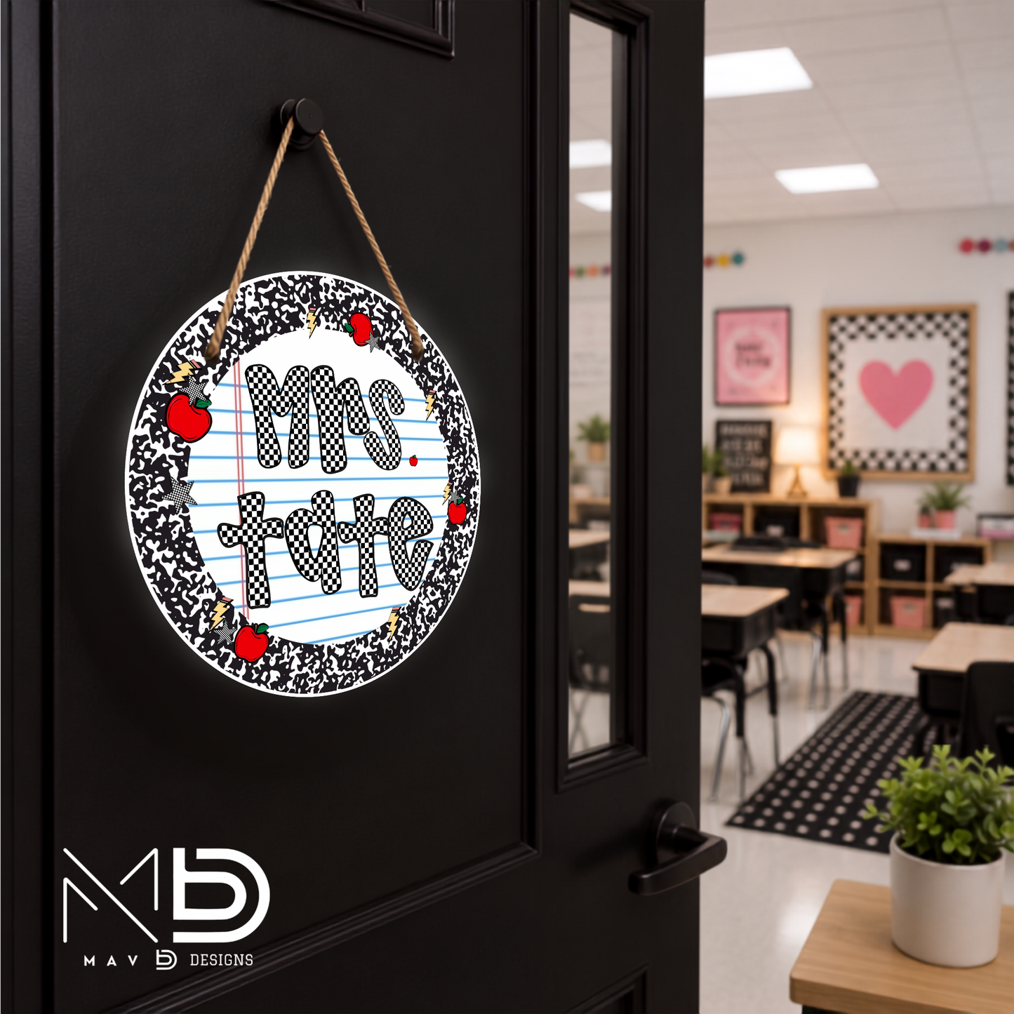 Checkered Apples Doodles | Personalized Teacher Door Hanger | Custom Classroom Sign | 10” Metal Door Decor