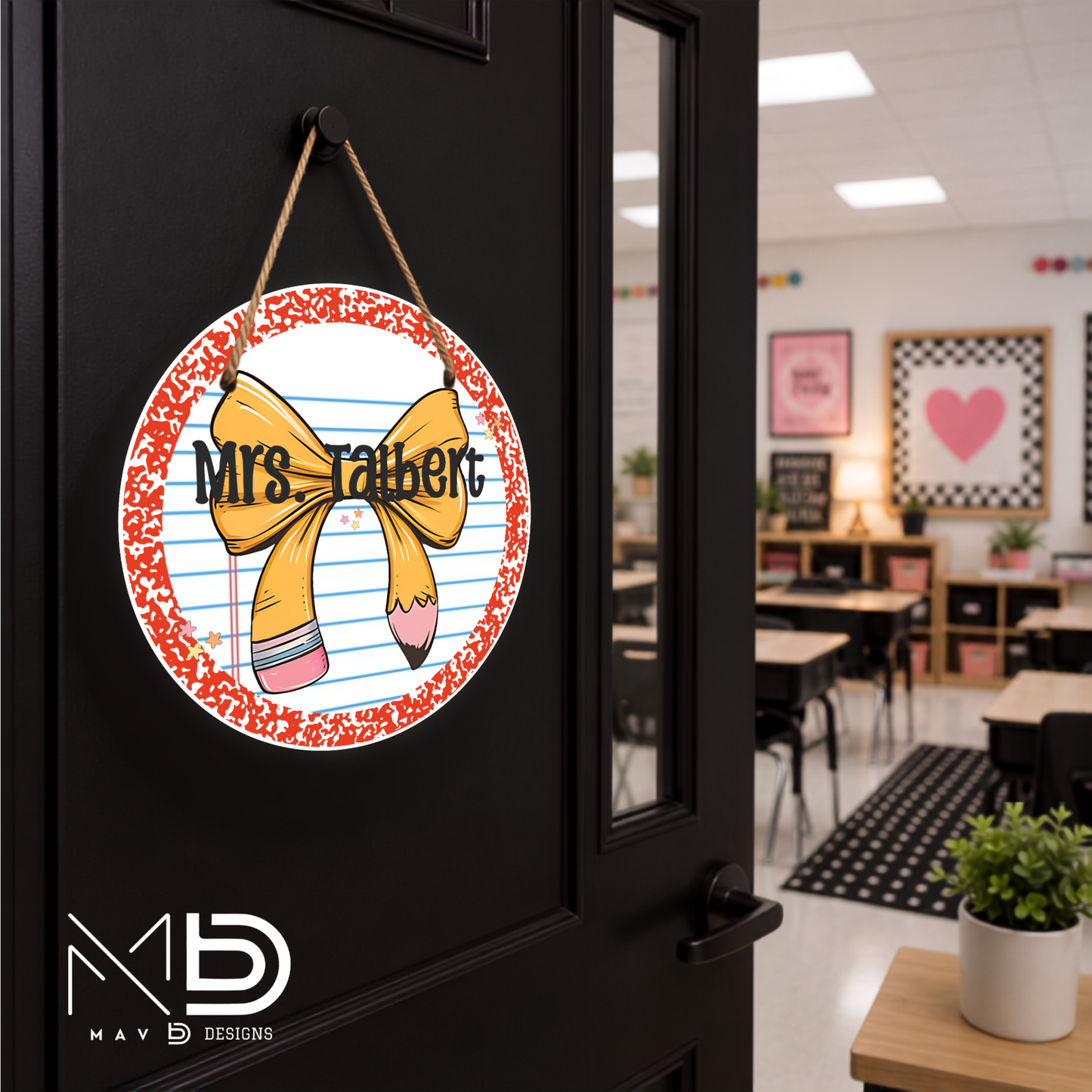 Red Composition Pencil Bow | Personalized Teacher Door Hanger | Custom Classroom Sign | 10” Metal Door Decor