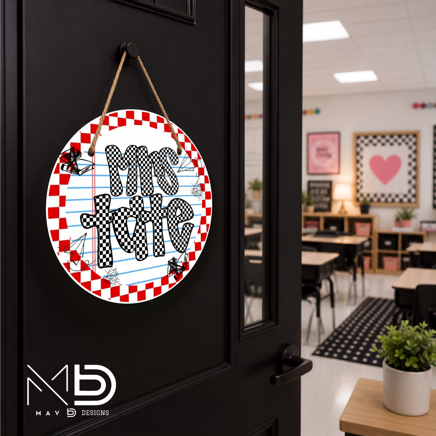 Red Checkered Doodles | Personalized Teacher Door Hanger | Custom Classroom Sign | 10” Metal Door Decor