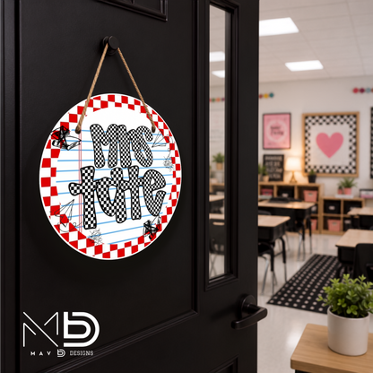 Red Checkered Doodles | Personalized Teacher Door Hanger | Custom Classroom Sign | 10” Metal Door Decor
