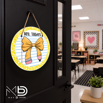 Yellow Composition Bow | Personalized Teacher Door Hanger | Custom Classroom Sign | 10” Metal Door Decor