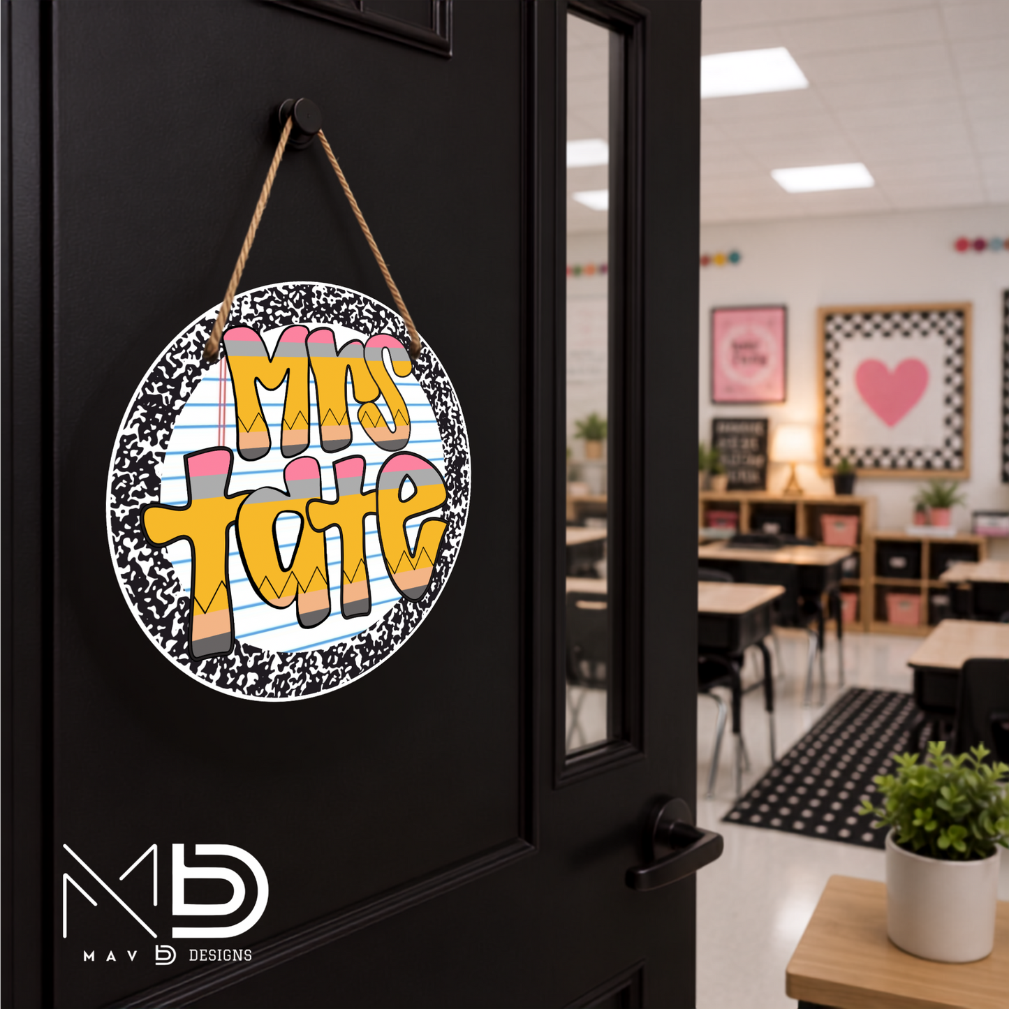 Composition Retro Pencil | Personalized Teacher Door Hanger | Custom Classroom Sign | 10” Metal Door Decor