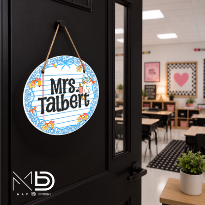 Blue Composition Goosey | Personalized Teacher Door Hanger | Custom Classroom Sign | 10” Metal Door Decor