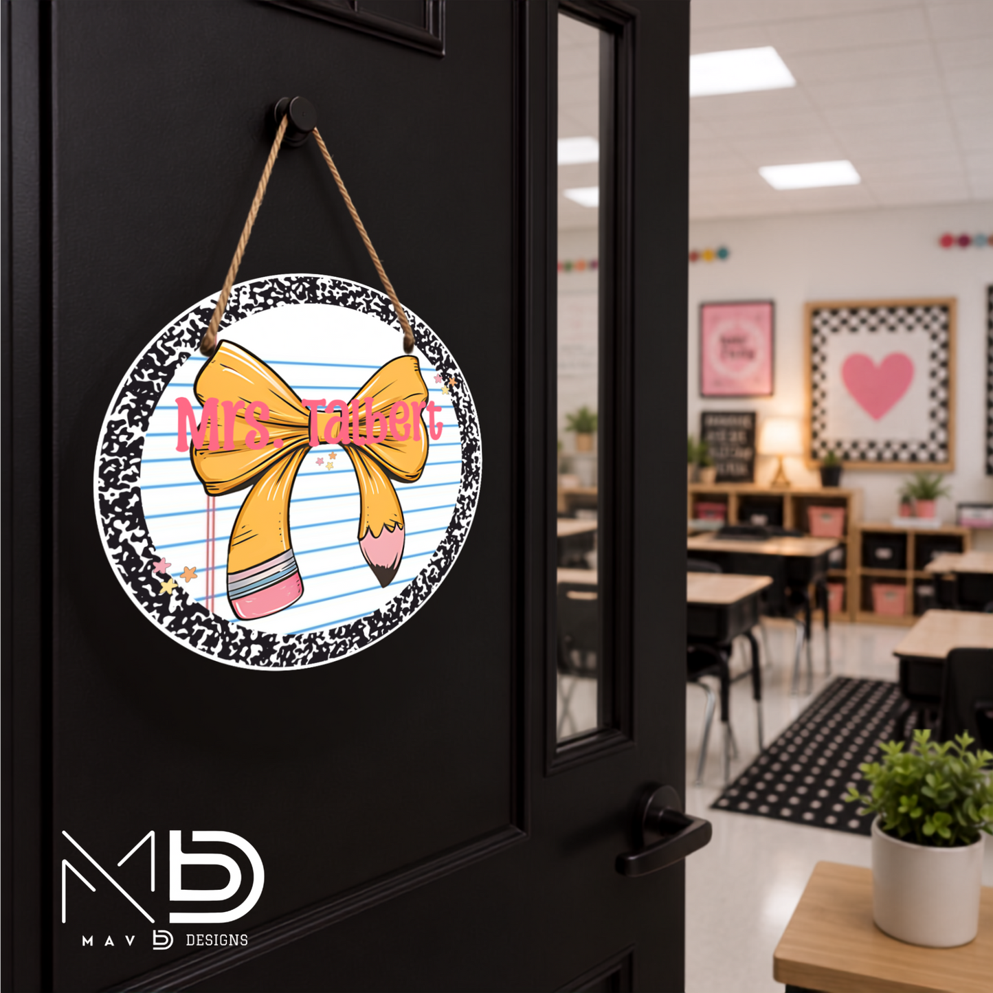 Black Composition Bow | Personalized Teacher Door Hanger | Custom Classroom Sign | 10” Metal Door Decor