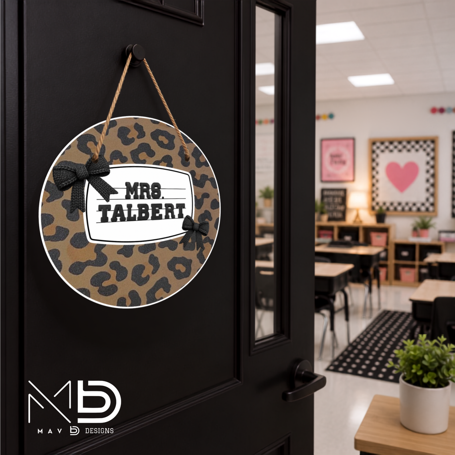 Leopard Black Bows | Personalized Teacher Door Hanger | Custom Classroom Sign | 10” Metal Door Decor
