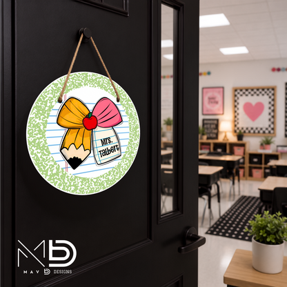 Green Composition Cutie Bow | Personalized Teacher Door Hanger | Custom Classroom Sign | 10” Metal Door Decor