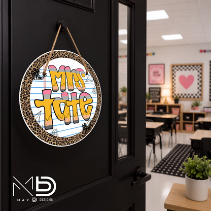 Cheetah Pencil Doodle | Personalized Teacher Door Hanger | Custom Classroom Sign | 10” Metal Door Decor