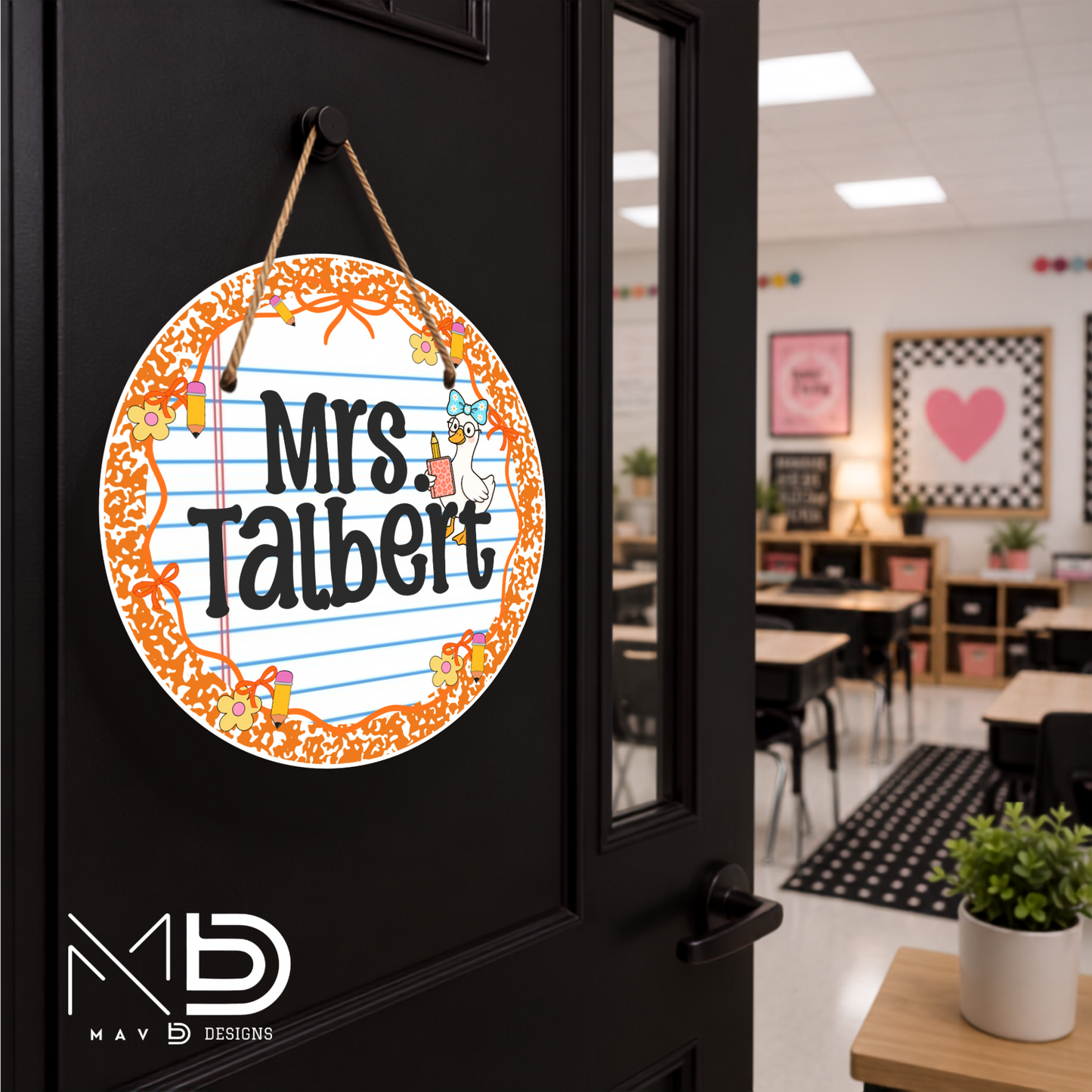 Orange Composition Goosey | Personalized Teacher Door Hanger | Custom Classroom Sign | 10” Metal Door Decor
