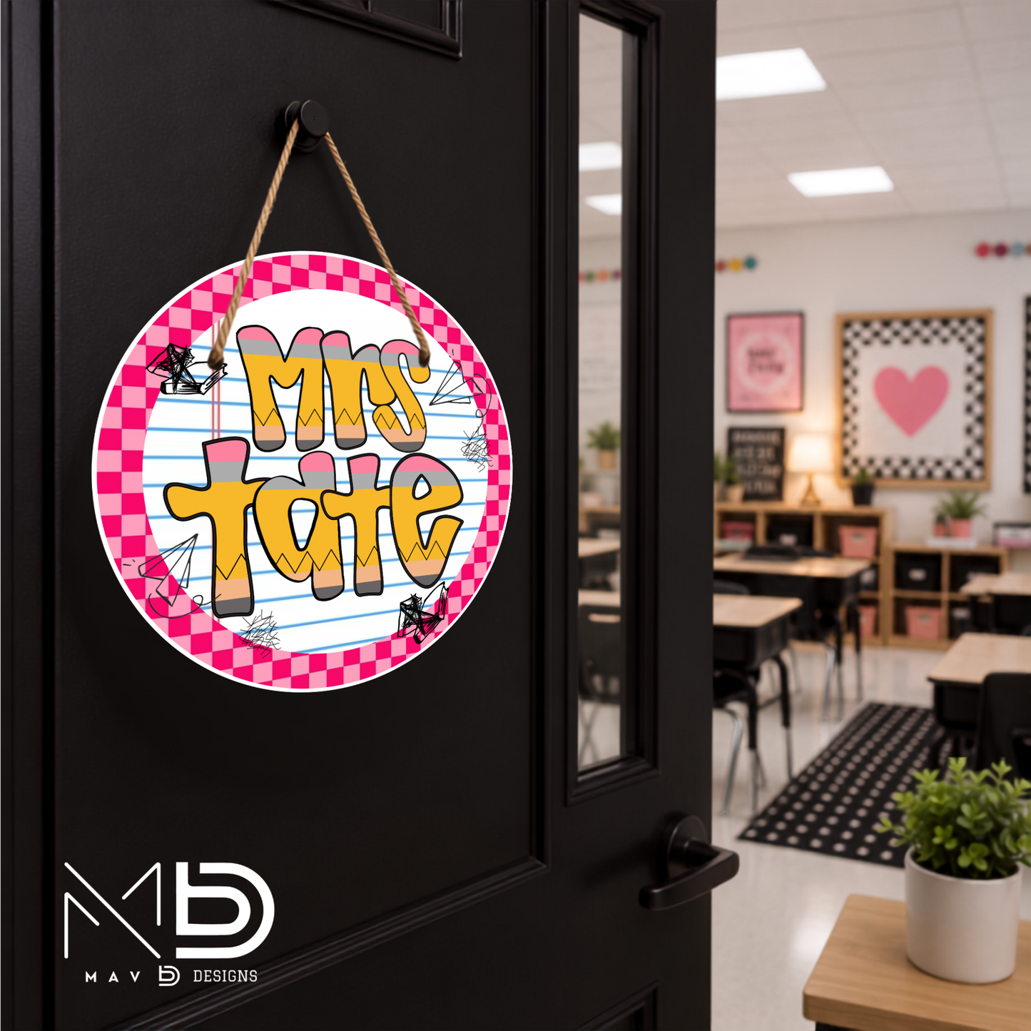 Pink Checkered Pencil Doodle | Personalized Teacher Door Hanger | Custom Classroom Sign | 10” Metal Door Decor