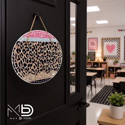 Sparkly Leopard Pencil | Personalized Teacher Door Hanger | Custom Classroom Sign | 10” Metal Door Decor