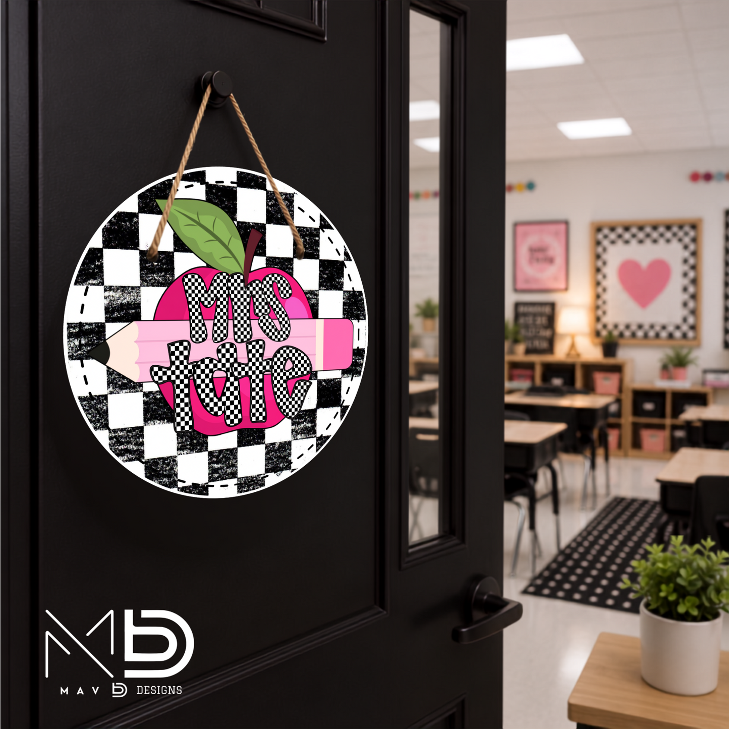 Checkered Pink Apple Pencil | Personalized Teacher Door Hanger | Custom Classroom Sign | 10” Metal Door Decor