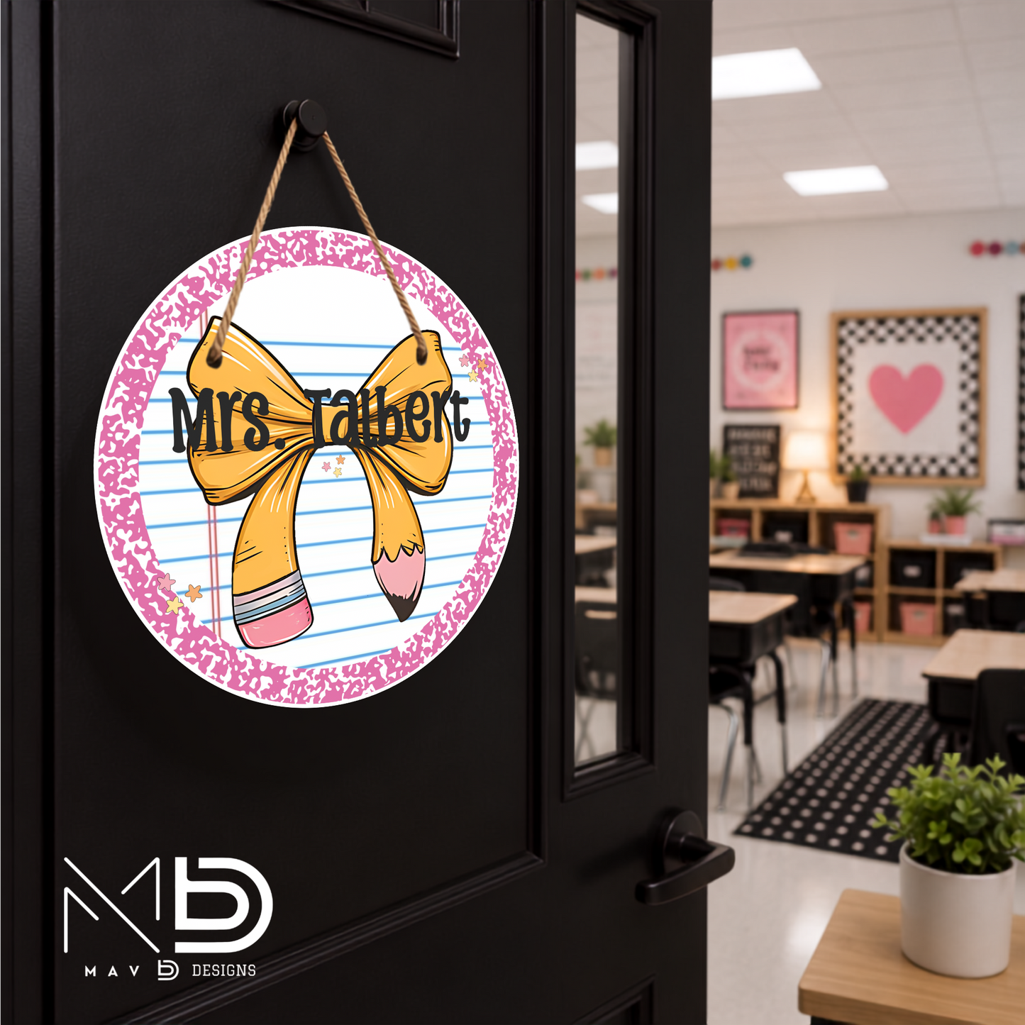 Pink Composition Bow | Personalized Teacher Door Hanger | Custom Classroom Sign | 10” Metal Door Decor