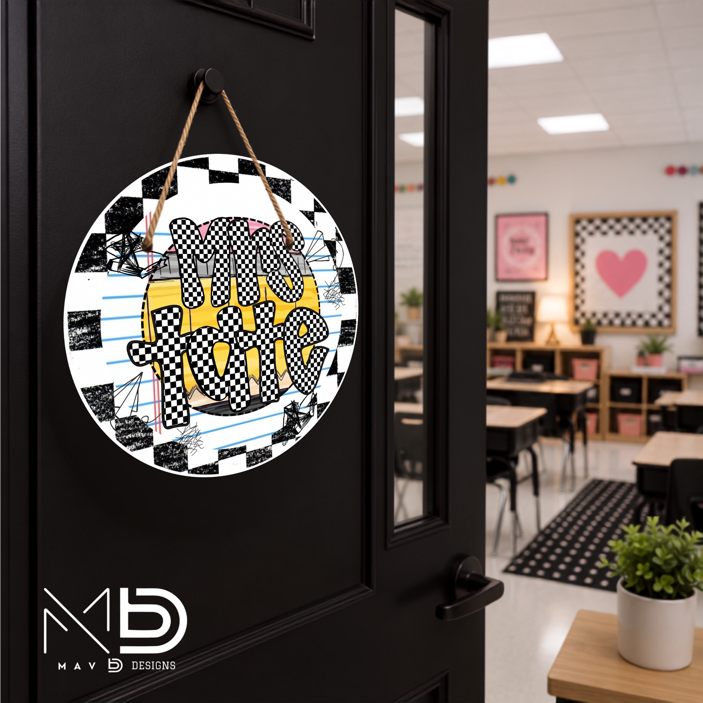 Checkered Pencil Doodle | Personalized Teacher Door Hanger | Custom Classroom Sign | 10” Metal Door Decor