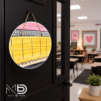 Doodle Pencil | Personalized Teacher Door Hanger | Custom Classroom Sign | 10” Metal Door Decor