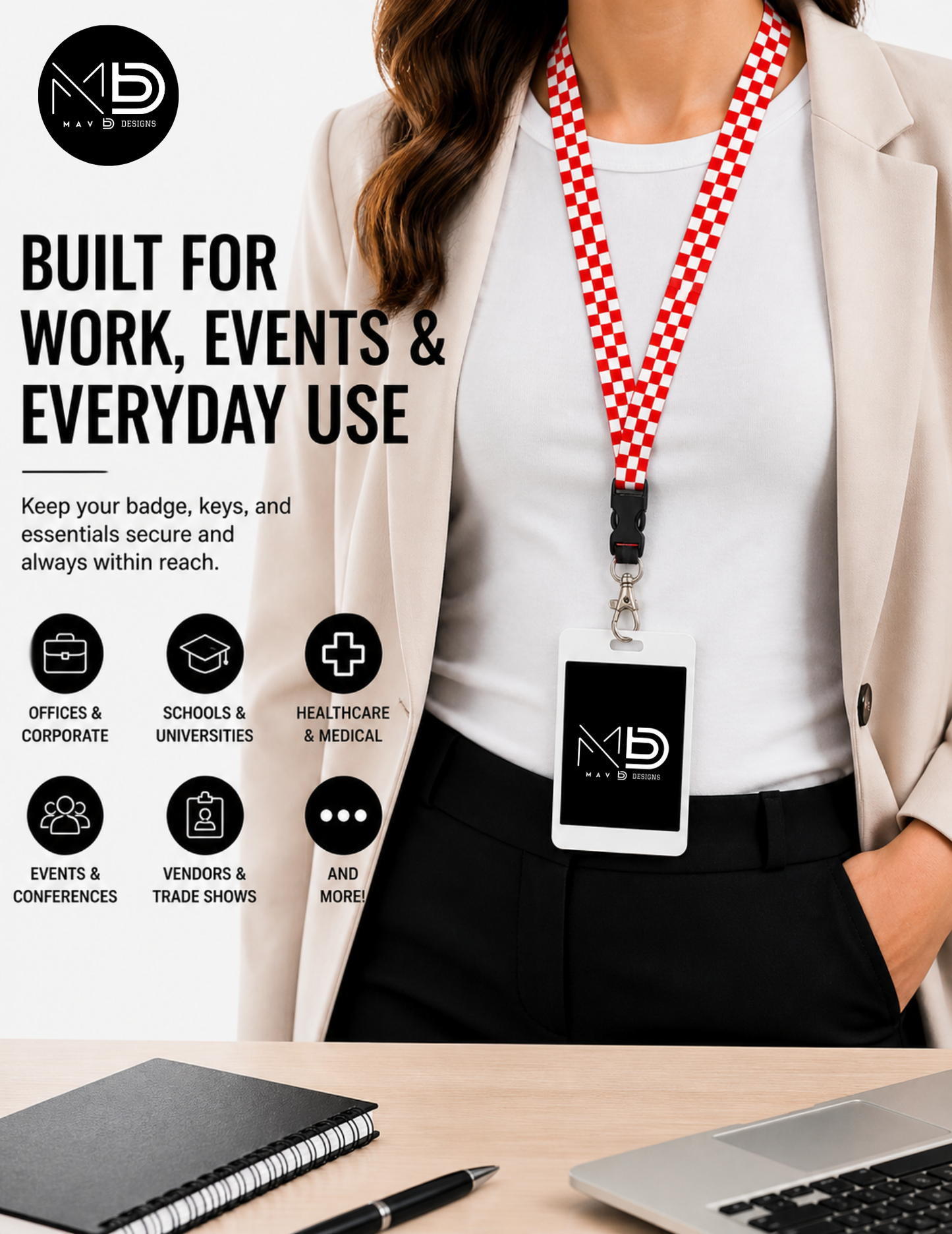 Black Checkerboard Lanyard – Breakaway ID Badge Holder | Durable Strap for Work, Keys & Everyday Use