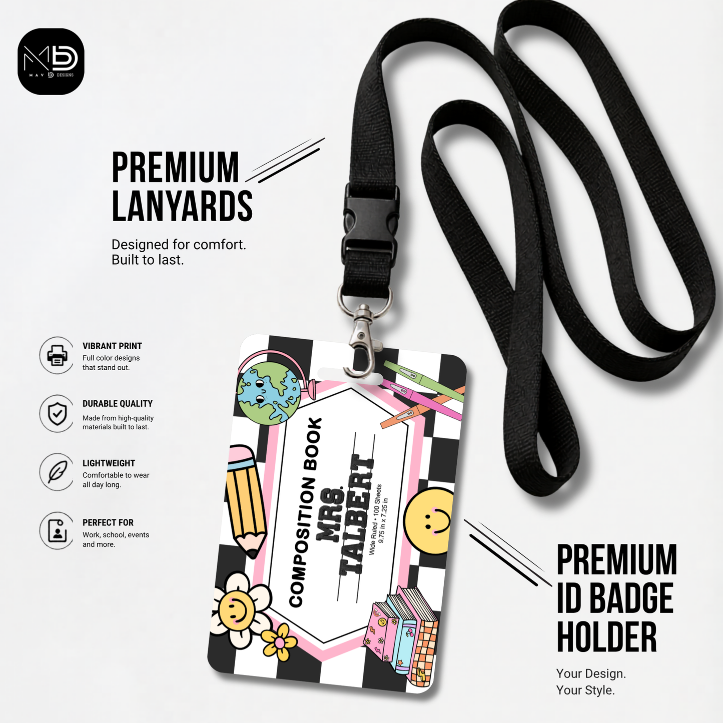 Personalized Teacher ID Badge Holder - Groovy Composition Notebook
