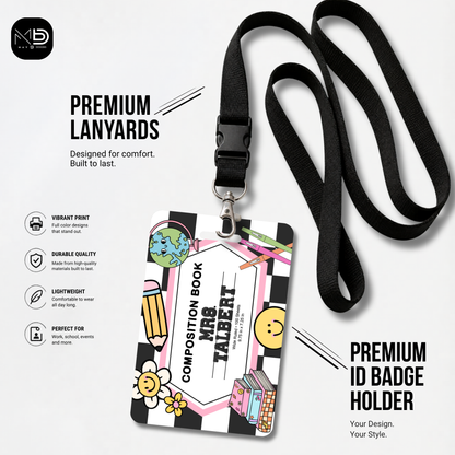 Personalized Teacher ID Badge Holder - Groovy Composition Notebook