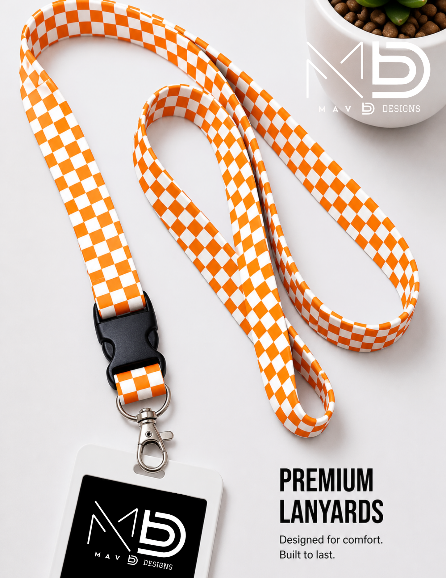 Orange Checkerboard Lanyard – Breakaway ID Badge Holder | Durable Strap for Work, Keys & Everyday Use