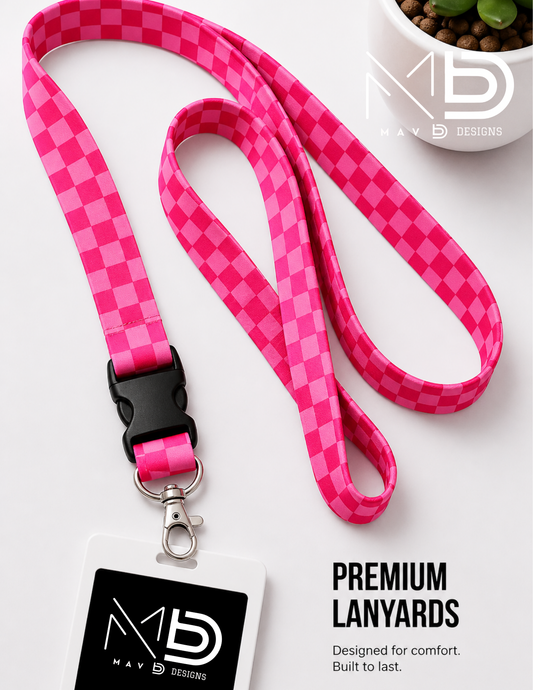 Pink Checkerboard Lanyard – Breakaway ID Badge Holder | Durable Strap for Work, Keys & Everyday Use