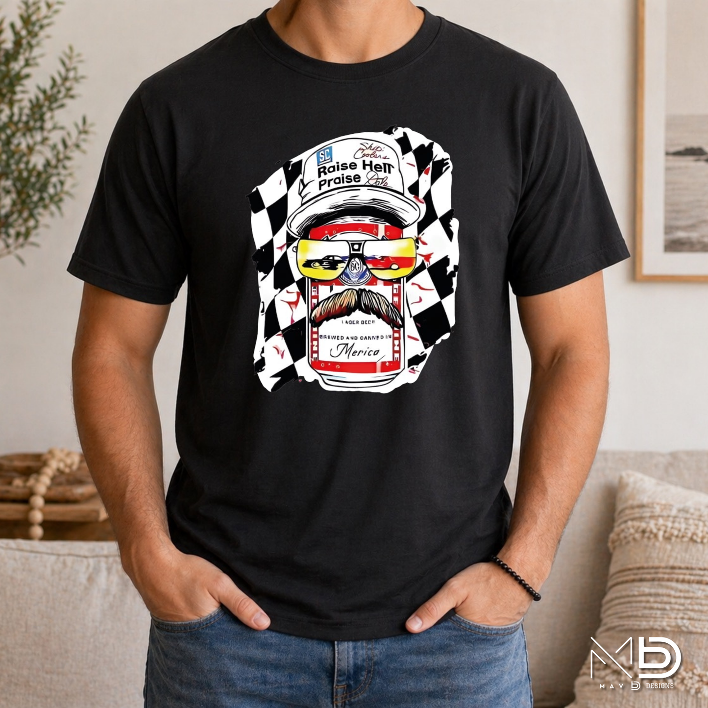 Raise Hell Praise Dale Shirt | Patriotic Racing Beer Can Tee | Redneck America Graphic Shirt