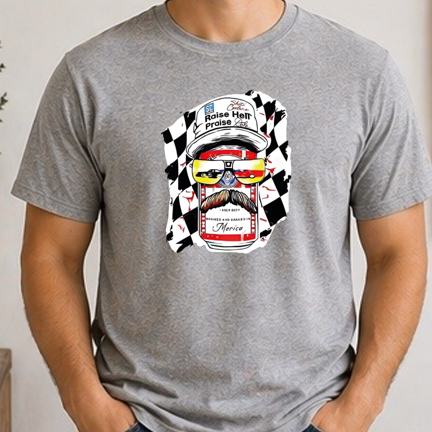 Raise Hell Praise Dale Shirt | Patriotic Racing Beer Can Tee | Redneck America Graphic Shirt