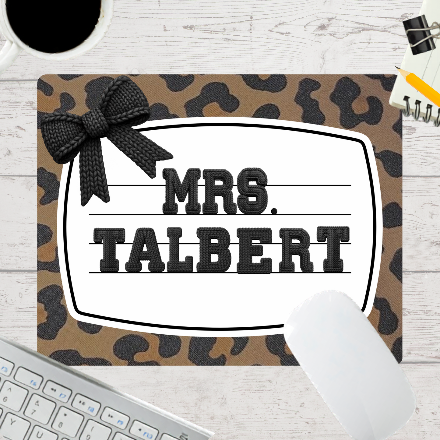 Personalized Teacher Mouse Pad - Knitted Cheetah Black Bow
