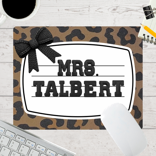 Personalized Teacher Mouse Pad - Knitted Cheetah Black Bow