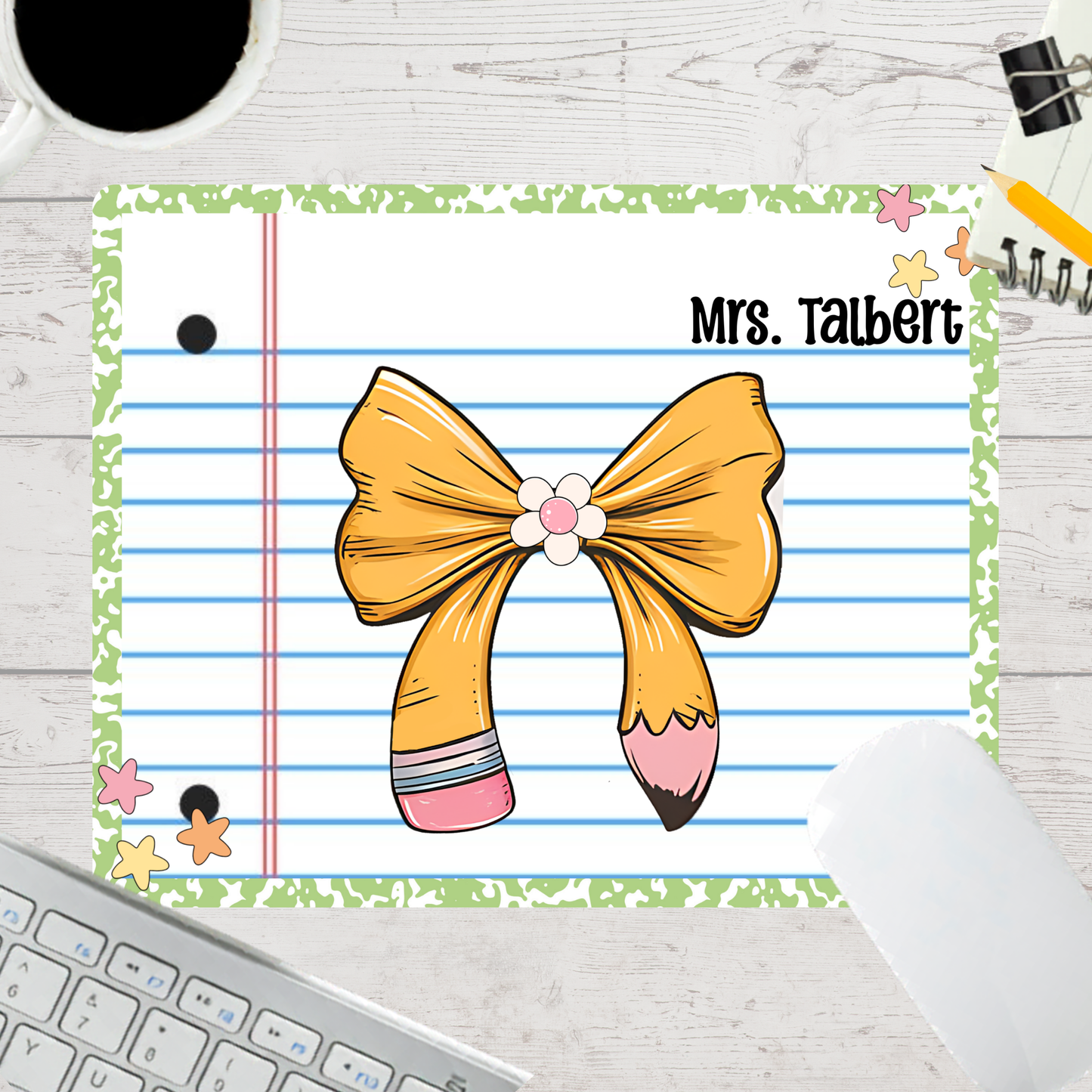 Personalized Teacher Mouse Pad - Pencil Bow Composition Notebook