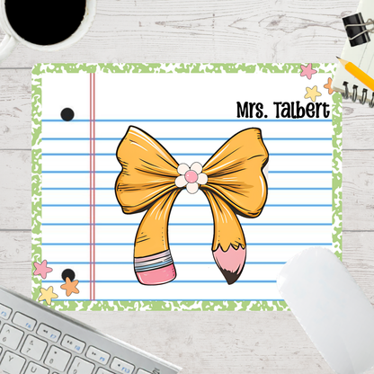 Personalized Teacher Mouse Pad - Pencil Bow Composition Notebook