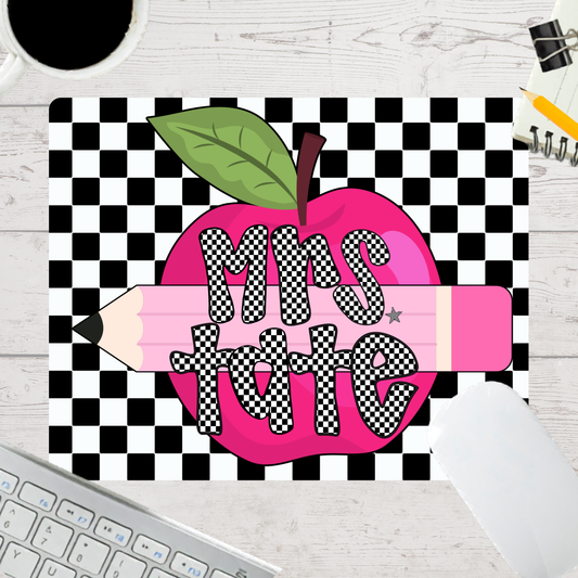 Personalized Teacher Mouse Pad - Black Checkered Letters Pink Apple