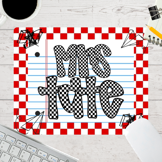 Personalized Teacher Mouse Pad - Red Checkered Doodle