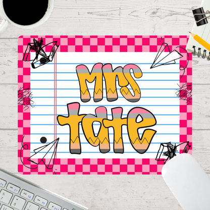Personalized Teacher Mouse Pad - Pink Checkered Pencil Doodle