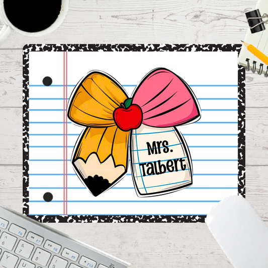 Personalized Teacher Mouse Pad - Pencil Bow Apple