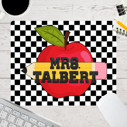 Personalized Teacher Mouse Pad - Black Checkered Red Apple