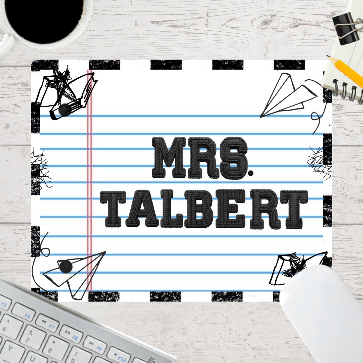 Personalized Teacher Mouse Pad - Checkered Notebook Doodles