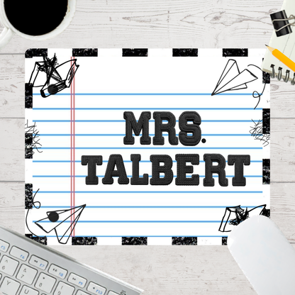 Personalized Teacher Mouse Pad - Checkered Notebook Doodles