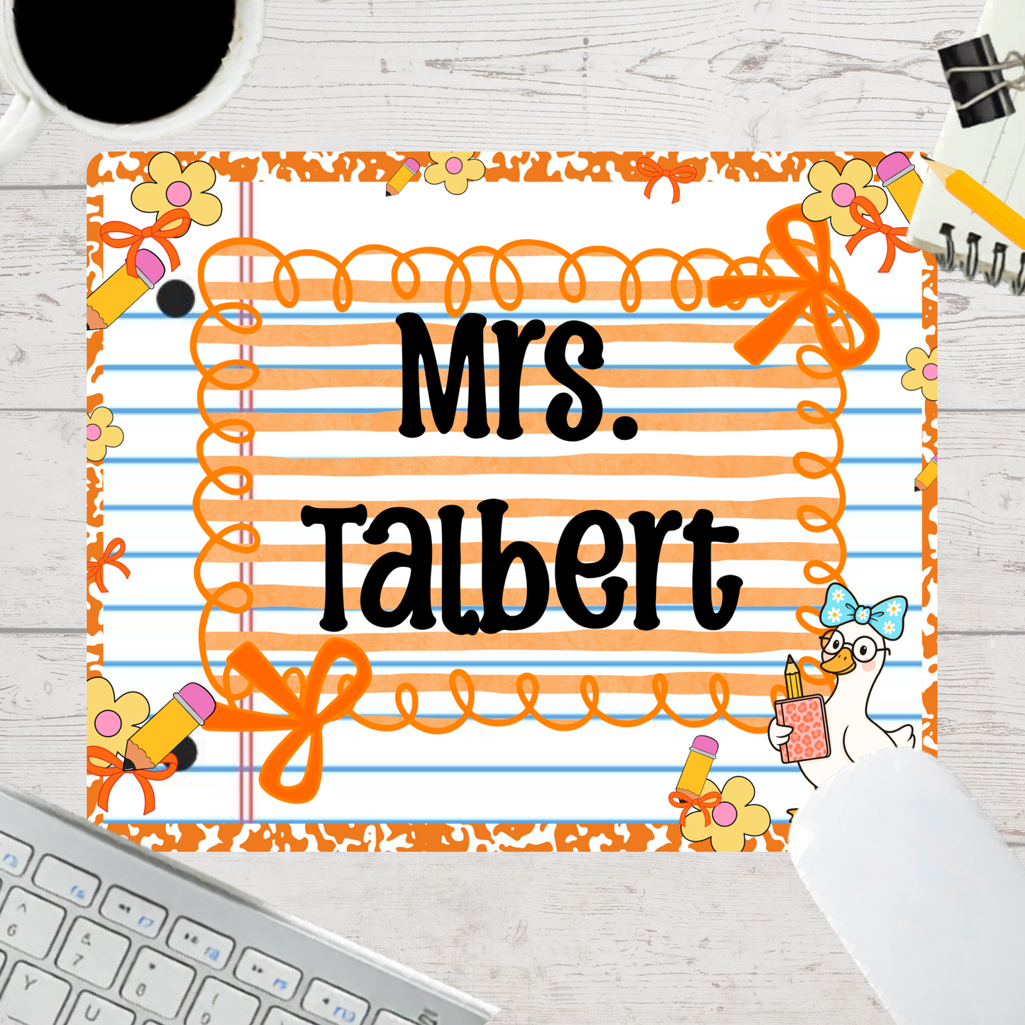 Personalized Teacher Mouse Pad - Orange Stripes Composition Notebook