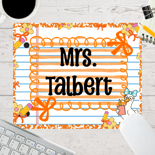 Personalized Teacher Mouse Pad - Orange Stripes Composition Notebook