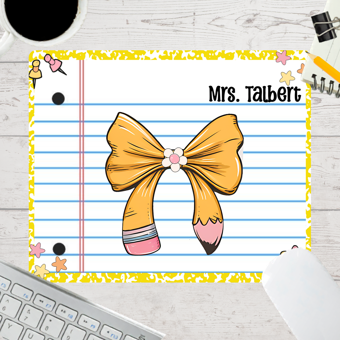 Personalized Teacher Mouse Pad - Pencil Bow Composition Notebook