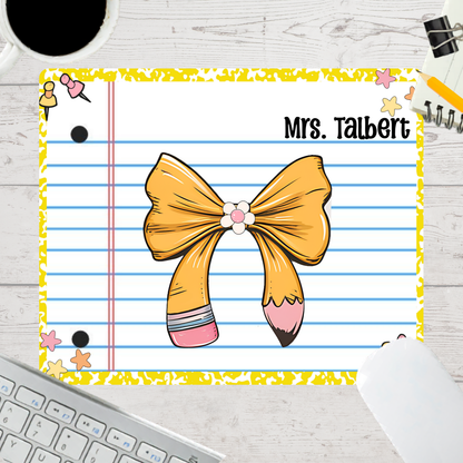 Personalized Teacher Mouse Pad - Pencil Bow Composition Notebook