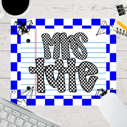Personalized Teacher Mouse Pad - Blue Checkered Doodle