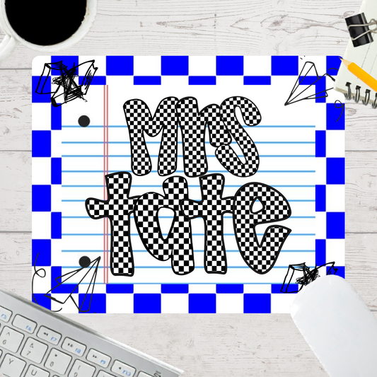 Personalized Teacher Mouse Pad - Blue Checkered Doodle