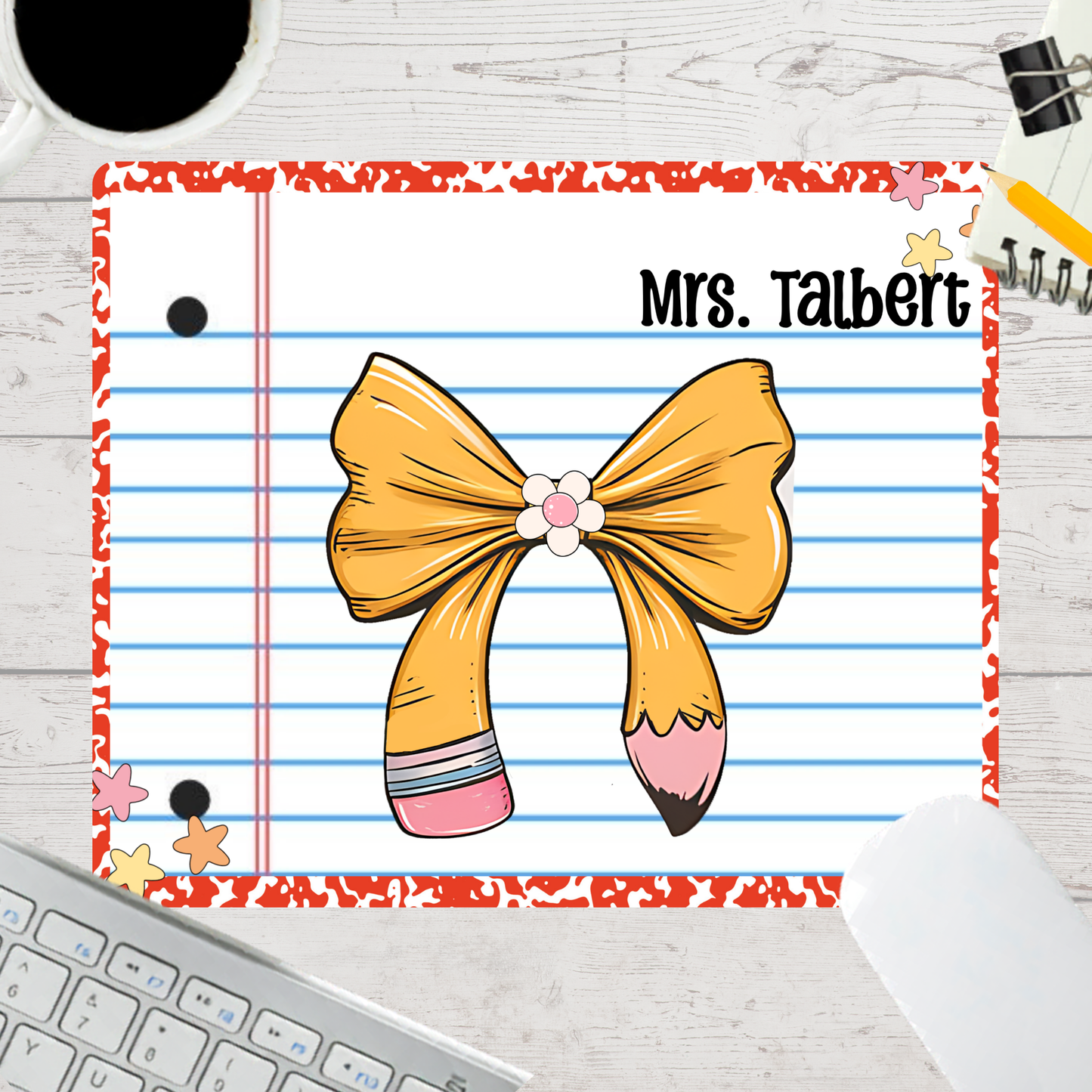 Personalized Teacher Mouse Pad - Pencil Bow Composition Notebook