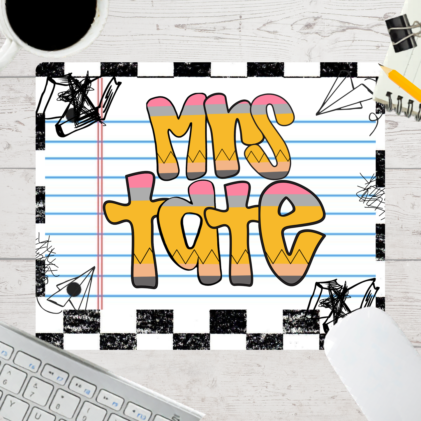 Personalized Teacher Mouse Pad - Black Checkered Pencil