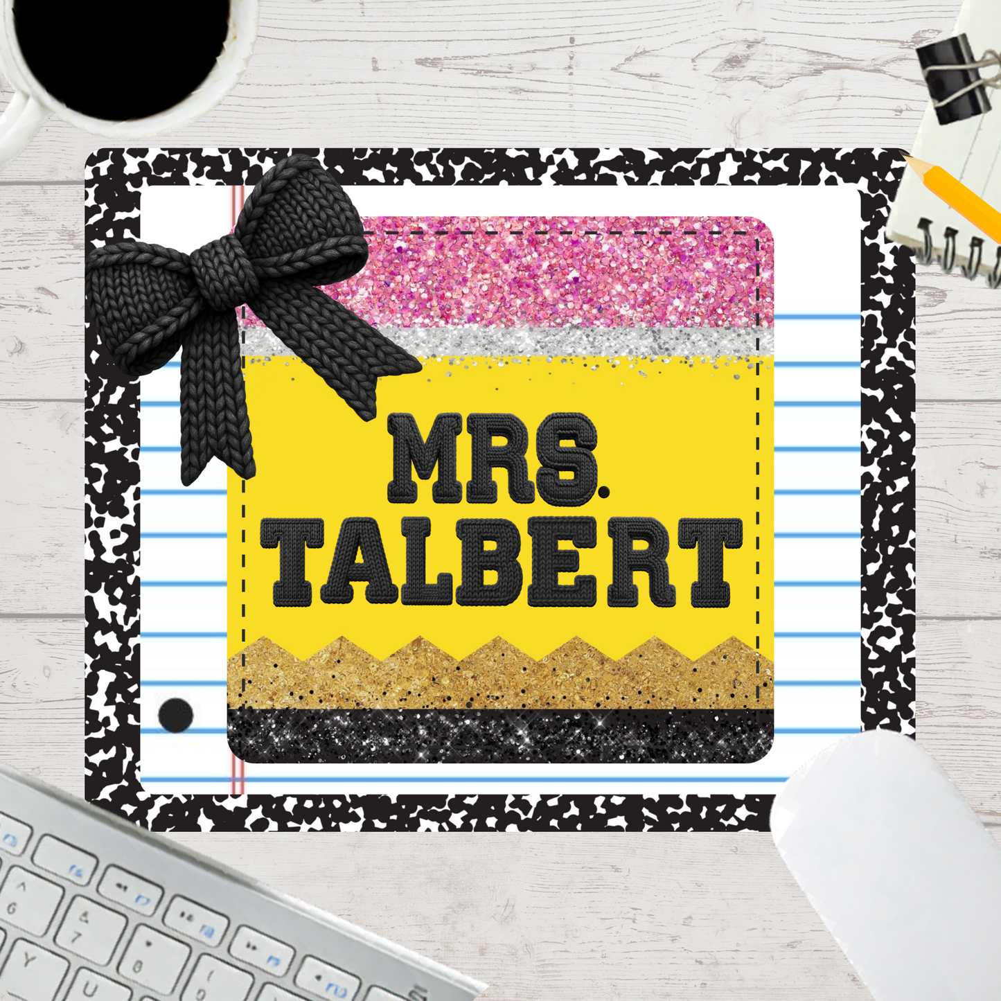 Personalized Teacher Mouse Pad - Glitter Pencil Paper Bow