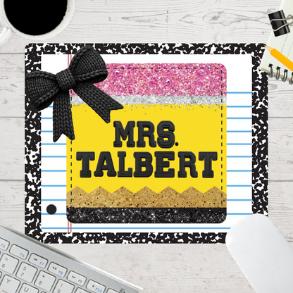 Personalized Teacher Mouse Pad - Glitter Pencil Paper Bow