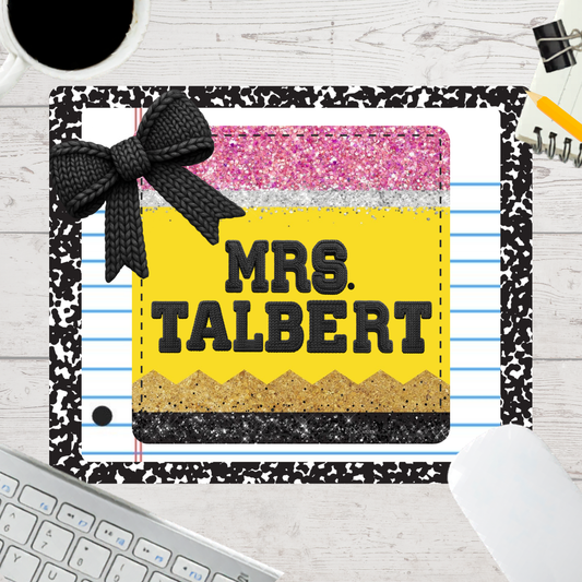 Personalized Teacher Mouse Pad - Glitter Pencil Paper Bow