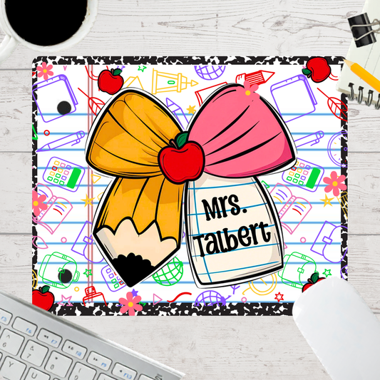 Personalized Teacher Mouse Pad - Pencil Bow Apple Doodles